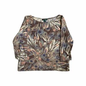 Lauren Ralph Lauren Multicolor Peacock Feather Long Sleeve Top — Size XL